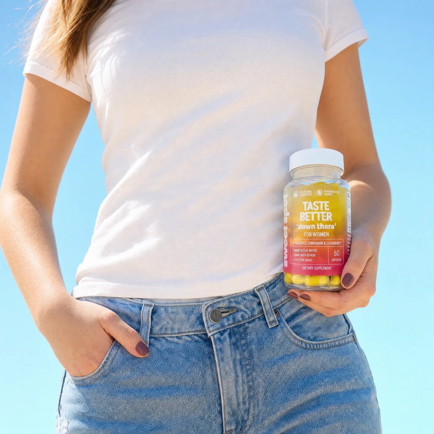 Woman in jeans holding Taste Better For Women, a dietary supplement, against a blue sky.