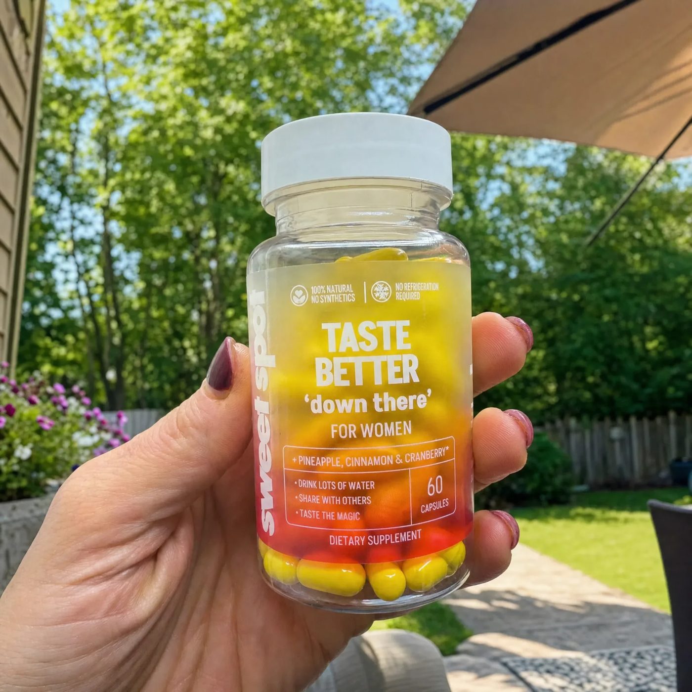 A hand with berry-colored nails holds the Taste Better For Women bottle on a sunny patio.