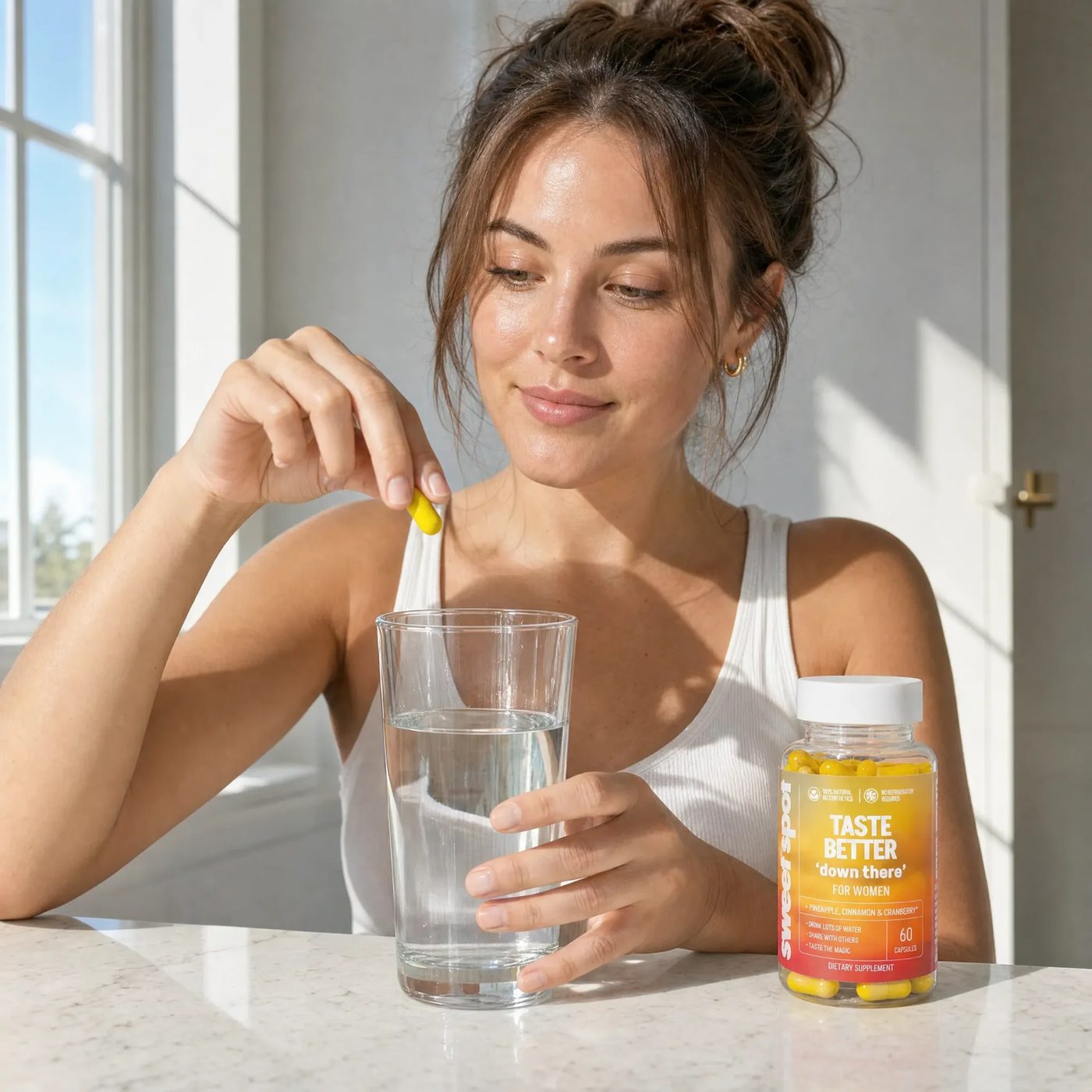A woman drops a yellow capsule toward a glass of water, with the Taste Better bottle on the counter.